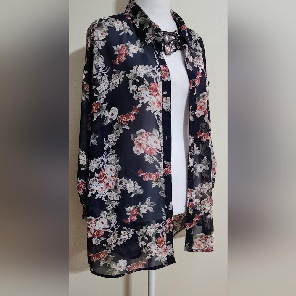 Wet Seal See Through Button Up Top Kimono Swim Cover Up Floral Print Navy M